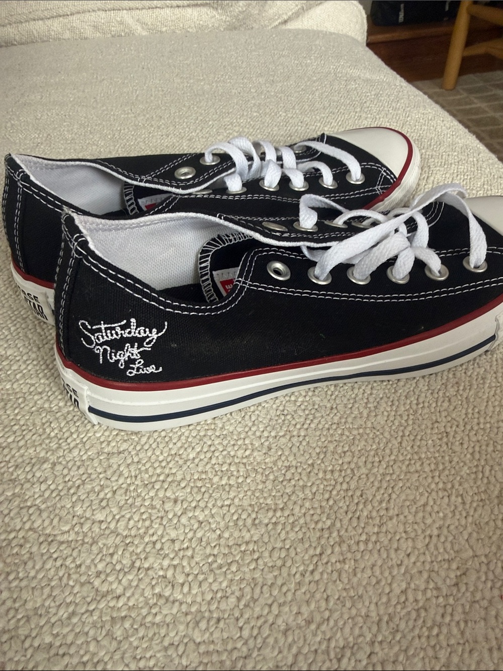 EXCLUSIVE SNL Converse Black Low-Top Kids Sneakers with White Laces and Red Trim